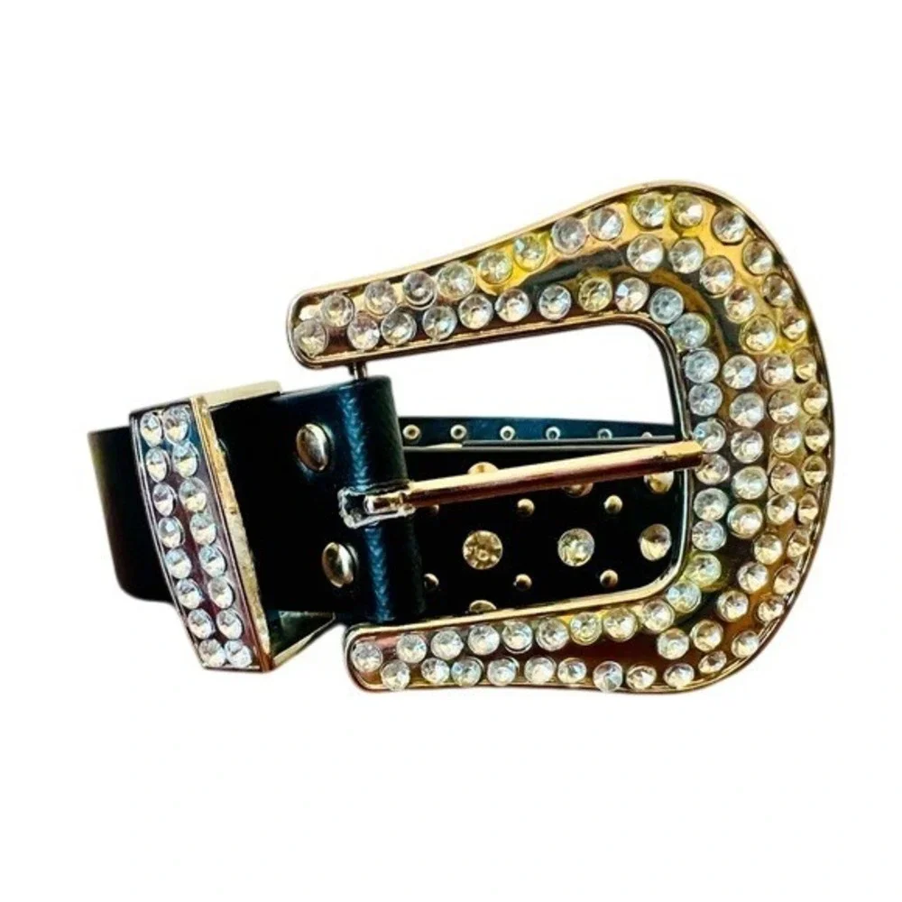 Western Rhinestone Studded Belt Black Faux Leather Silver Crystal Buckle 37.5
